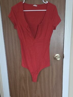 Free People Red Deep V Short Sleeve Bodysuit